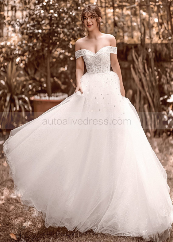 Off Shoulder Ivory Bling Bling Tulle Wedding Dress Off Shoulder Ivory Bling Bling Tulle Wedding Dress